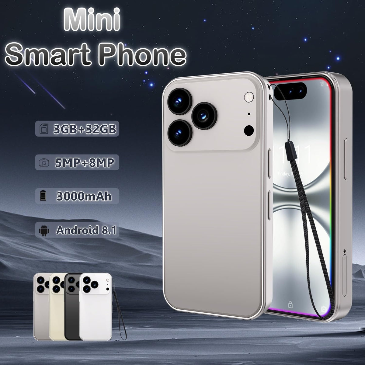 4.0 Inch Mini Smartphone, Android 8.1, 3GB RAM 32GB Storage, Dual SIM  3G LTE, 3000mAh Battery, Compact Pocket Phone For Students Seniors Backup