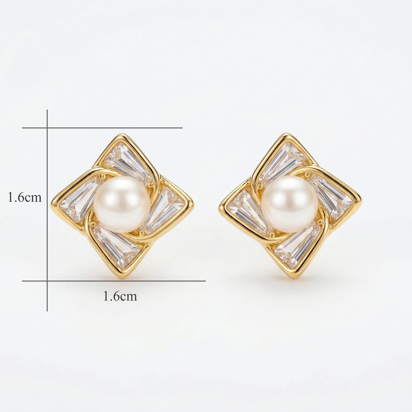 925 Sterling Silver Elegant White Pearl and Baguette-Cut Crystal Geometric Stud Earrings