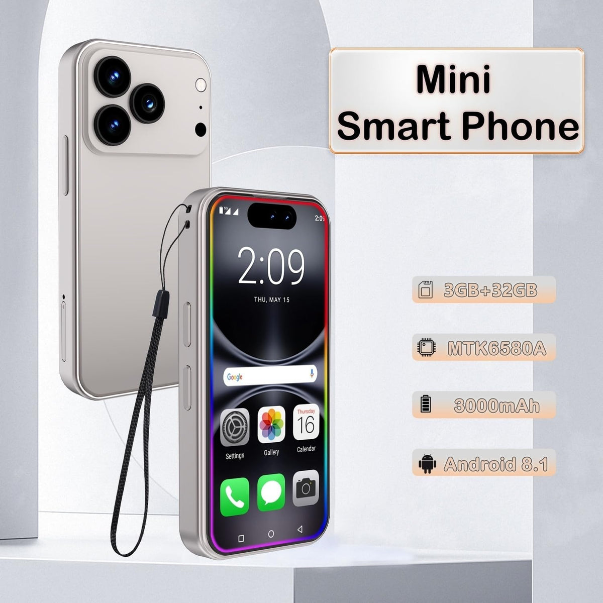 4.0 Inch Mini Smartphone, Android 8.1, 3GB RAM 32GB Storage, Dual SIM  3G LTE, 3000mAh Battery, Compact Pocket Phone For Students Seniors Backup