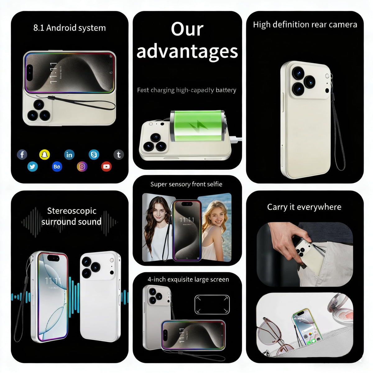 4.0 Inch Mini Smartphone, Android 8.1, 3GB RAM 32GB Storage, Dual SIM  3G LTE, 3000mAh Battery, Compact Pocket Phone For Students Seniors Backup