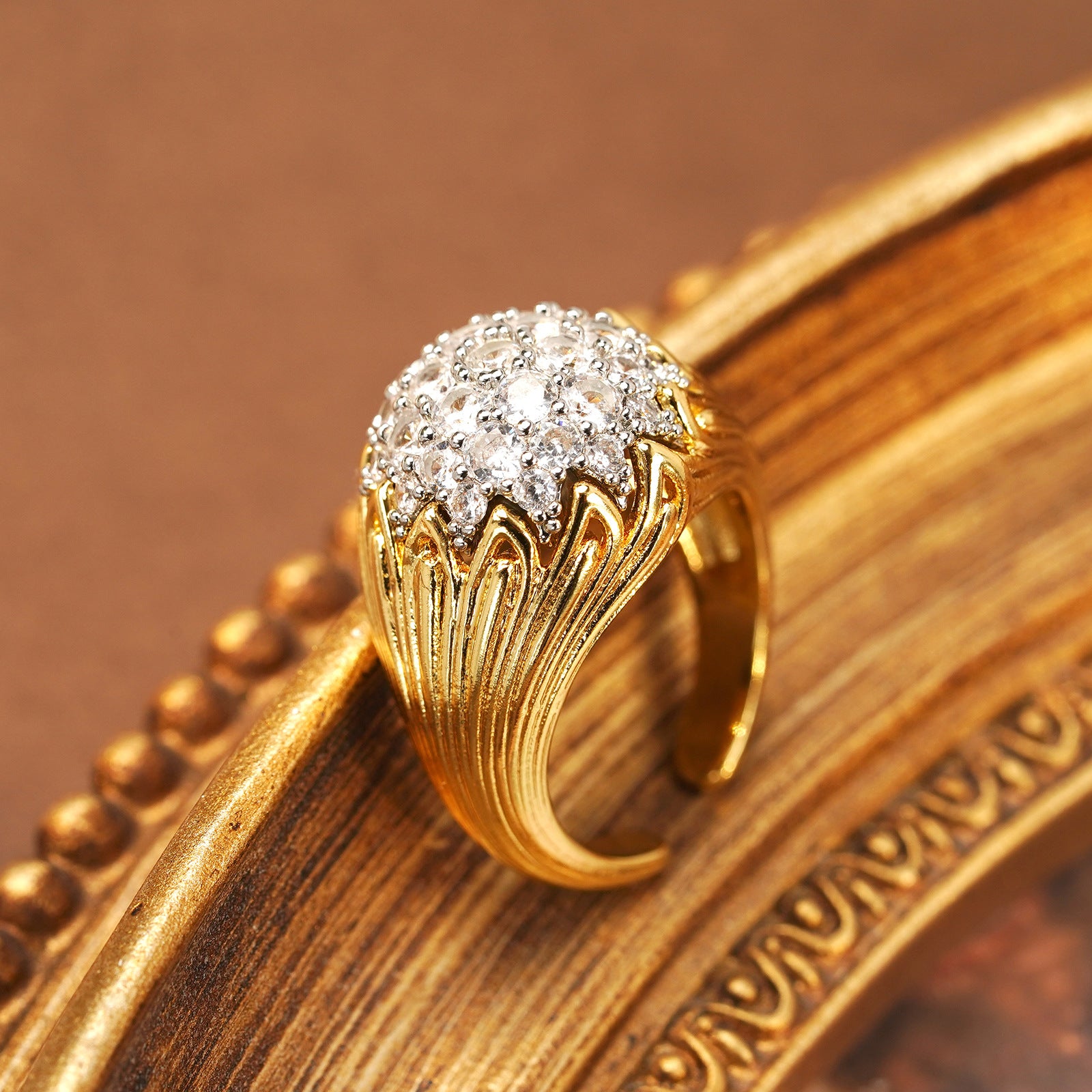Vintage Gold Plated Diamond-Encrusted Adjustable Ring for Women