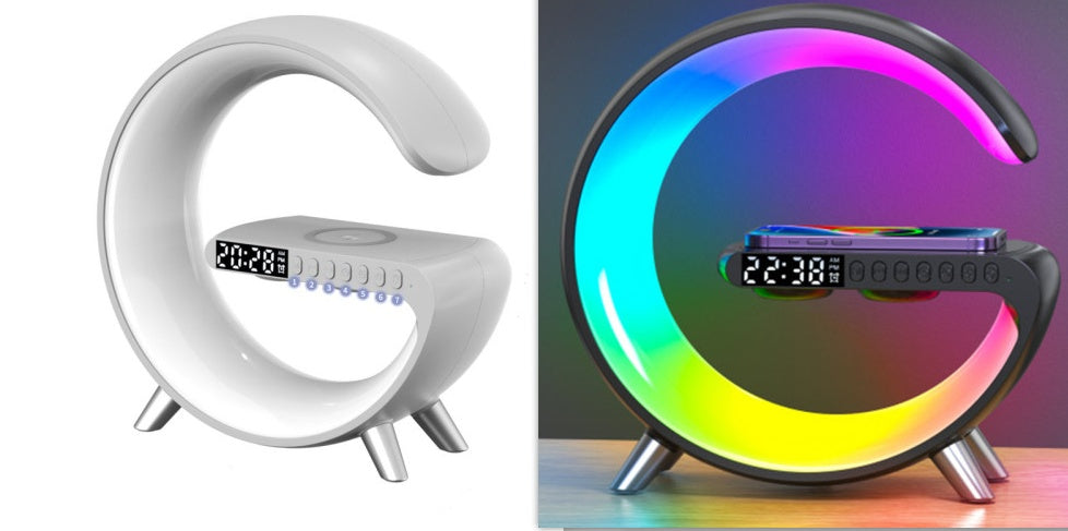 مصباح LED ذكي جديد على شكل حرف G مع سماعة بلوتوث وشاحن لاسلكي ومصباح أجواء بتحكم عبر التطبيق لتزيين غرف النوم والمنزل
