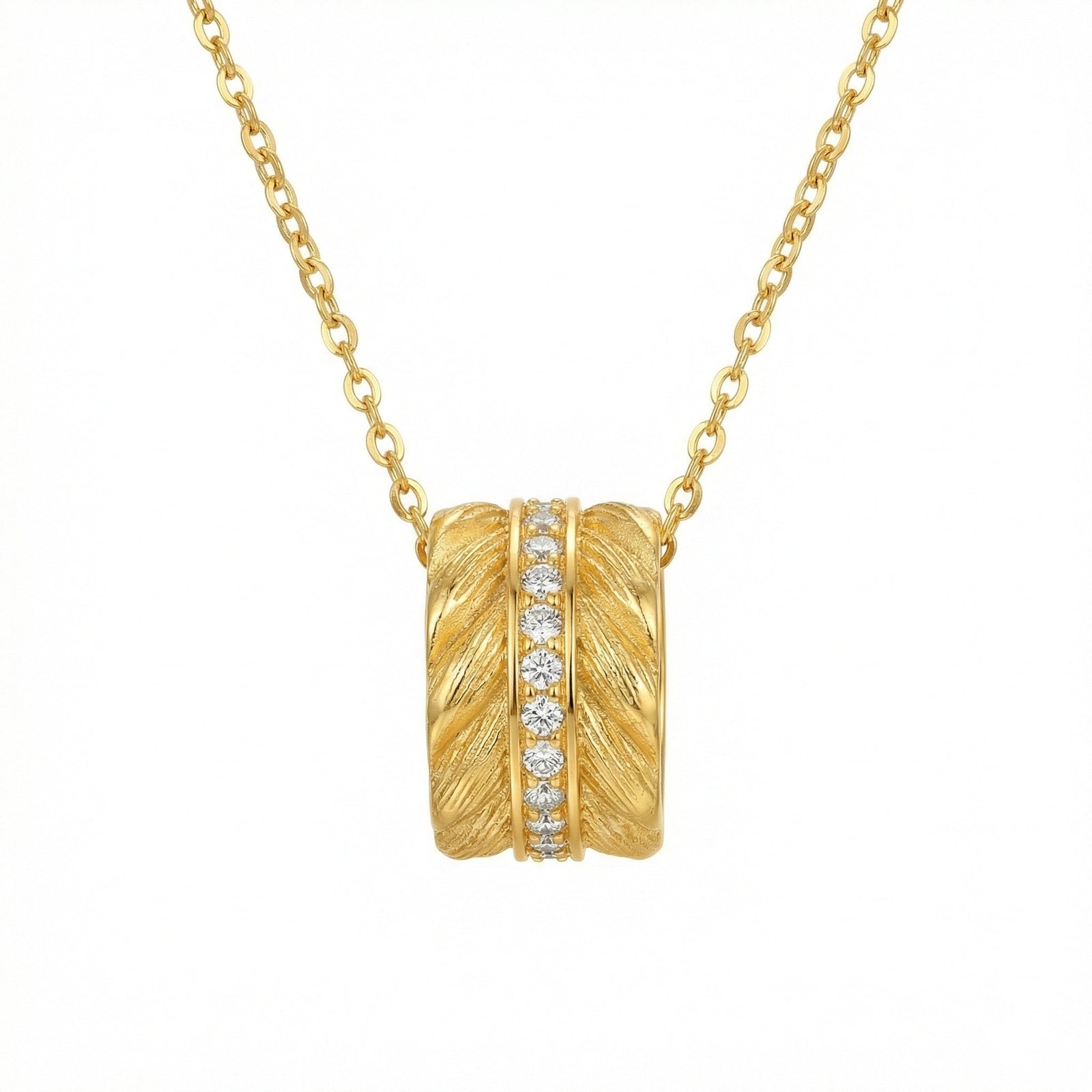 925 Sterling Silver Radiant Diamond Accented Feather Texture Cylinder Pendant Necklace