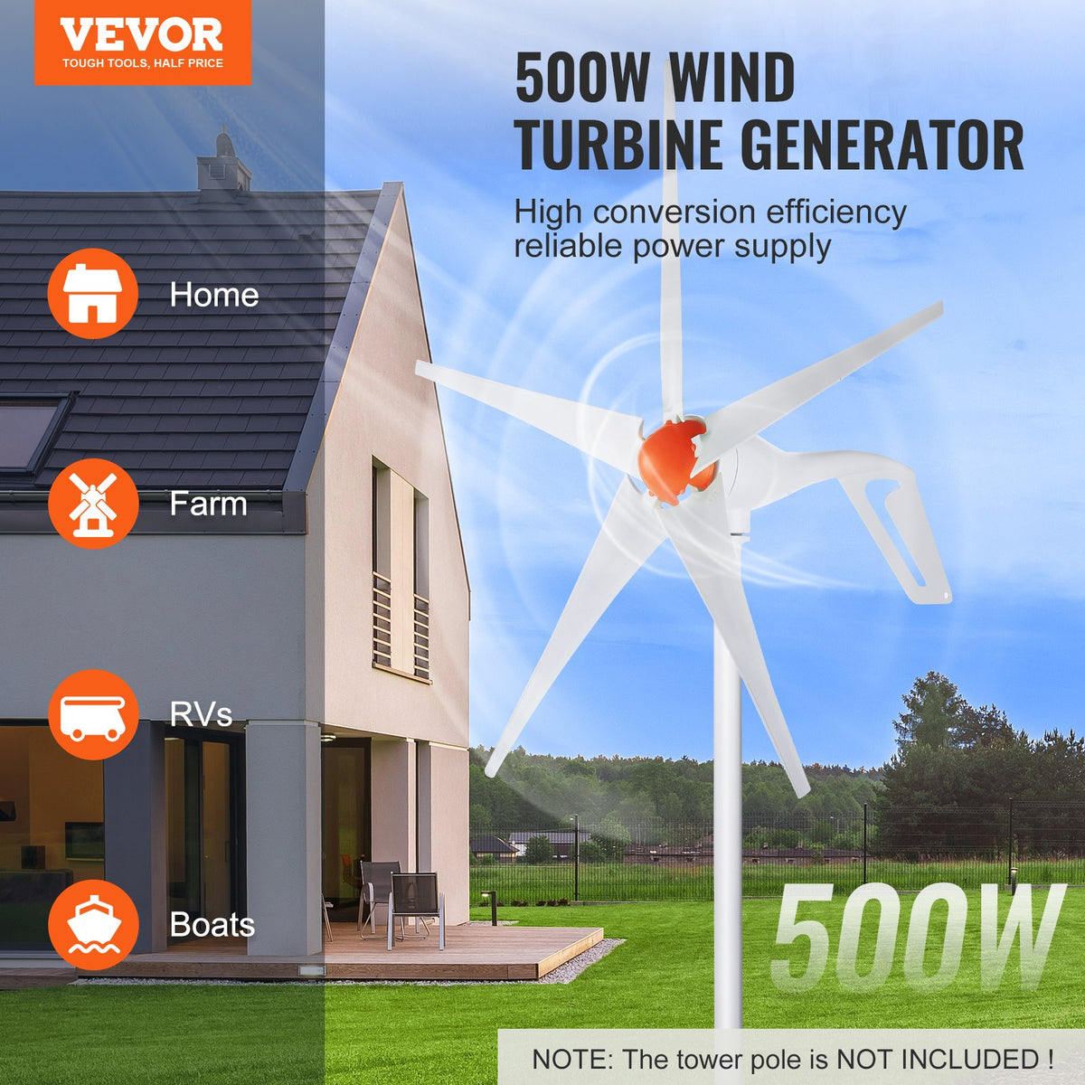 500W Wind Turbine Generator, 12V Wind Turbine Kit, 5-Blade Wind Power Generator With MPPT Controller, Adjustable Windward Direction &amp; 2.5m/s Start Wind Speed, Suitable For Home, Farm, RVs, Boats