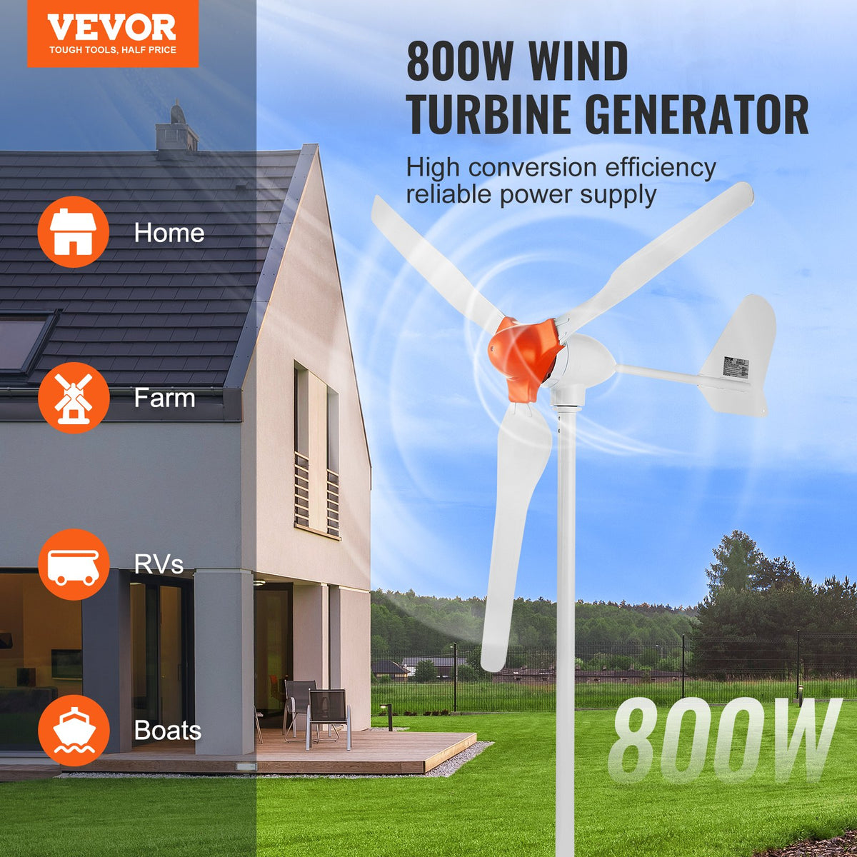 800W Wind Turbine Generator, 12V Wind Turbine Kit, 3-Blade Wind Power Generator With MPPT Controller, Adjustable Windward Direction &amp; 2.5m/s Start Wind Speed, Suitable For Home, Farm, RVs, Boats