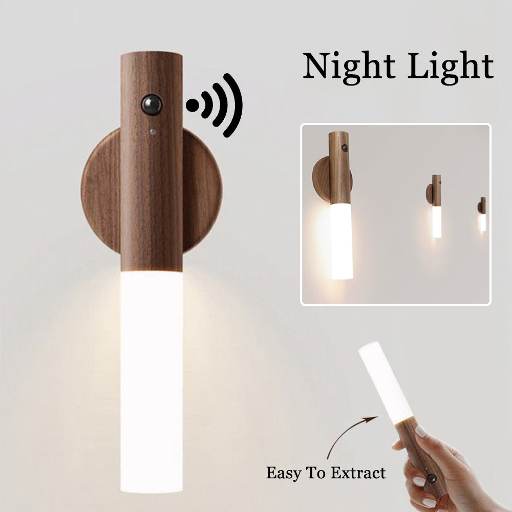 مصباح ليلي لاسلكي خشبي مغناطيسي تلقائي LED USB للممرات والشرفات مستشعر حركة PIR ضوء حائط مصباح خزانة