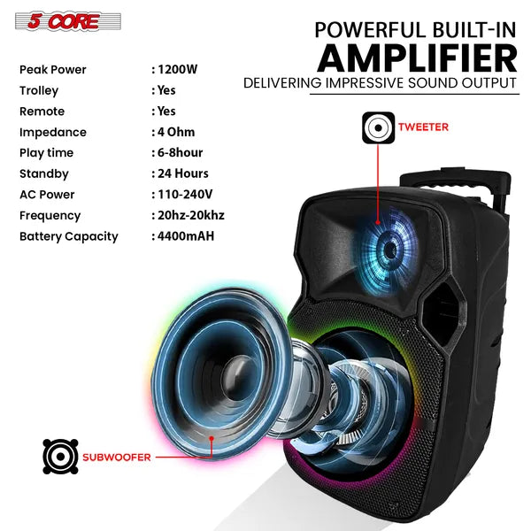 5 Core Party Speaker W Microphone 400W Big Rechargeable Bluetooth Loud PA DJ Karaoke System W Stand