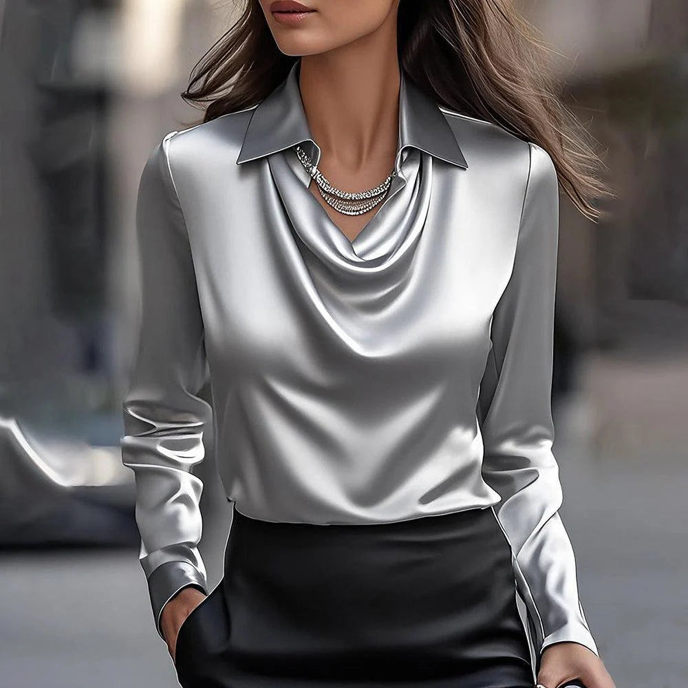 بلوزات وقمصان نسائية بياقة سوينغ وكسرات أنيقة سادة من الساتان قميص علوي نسائي للمكتب بأكمام طويلة كاجوال للربيع