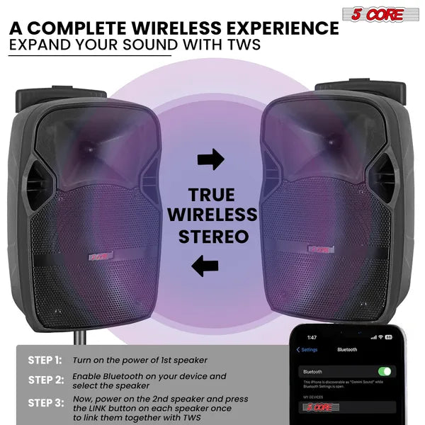 5 Core Party Speaker W Microphone 400W Big Rechargeable Bluetooth Loud PA DJ Karaoke System W Stand